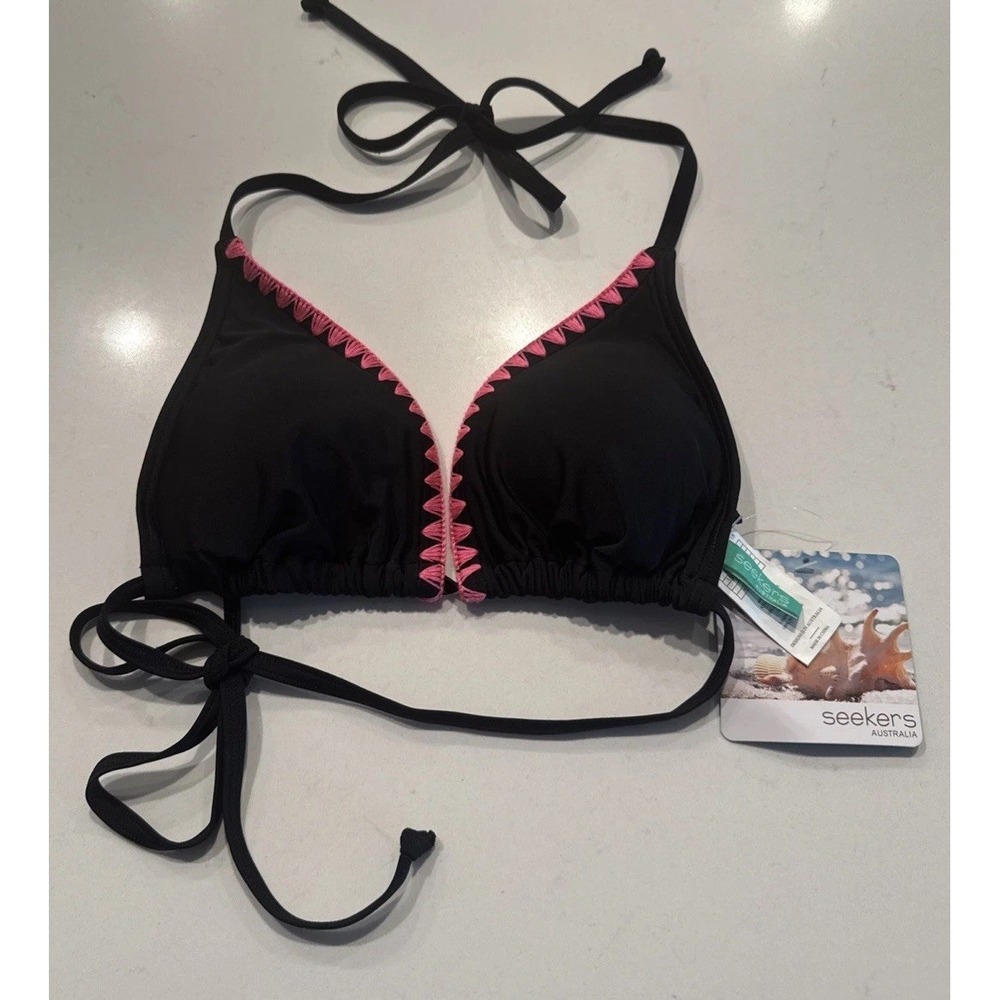 Seekers Australia Black Pink Stitch Bikini Top Size 10‎ Vacation Beach Swim Boho